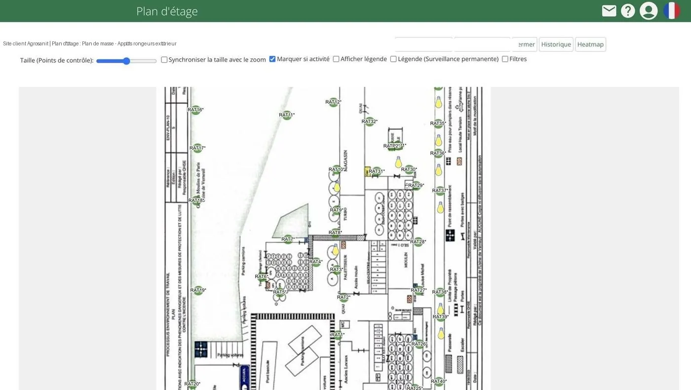 Plan d'étage interactif avec dispositifs géolocalisés dans Digipest