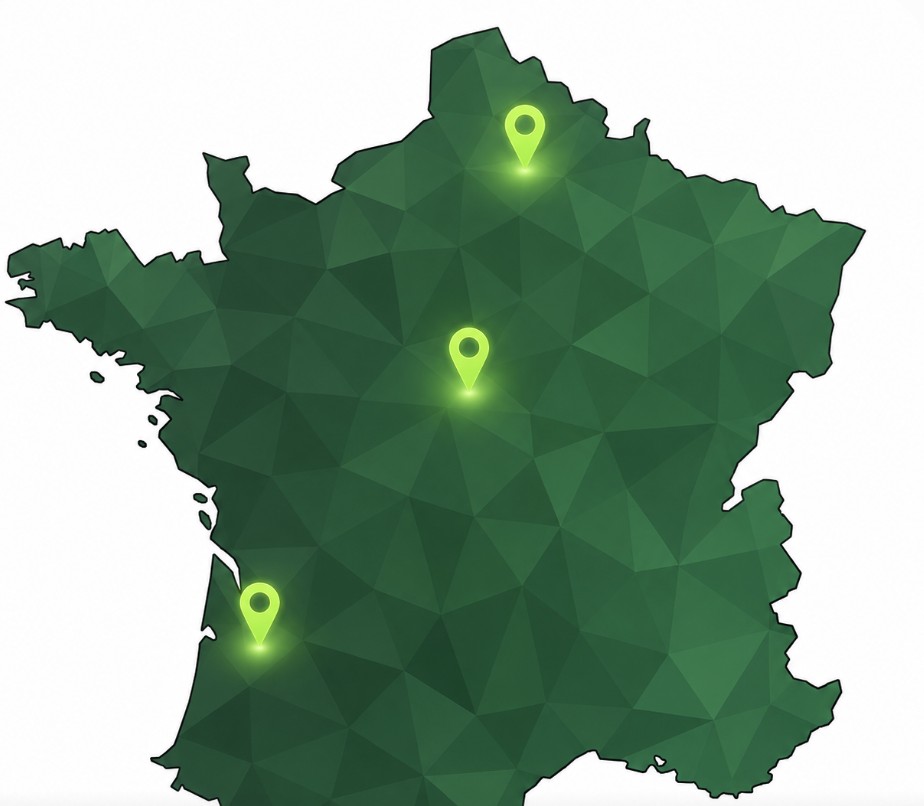 Carte de France stylisée avec les trois agences Agrosanit : Centre, Arras (Nord), Sud-Ouest