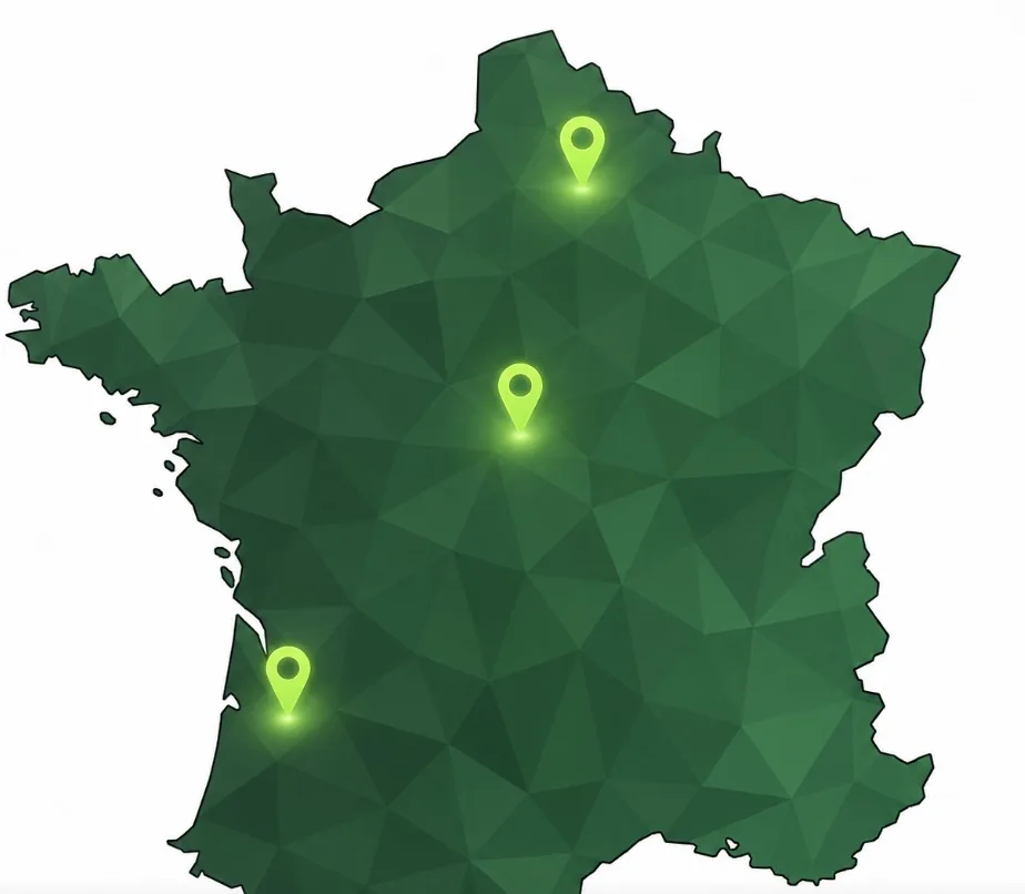 Carte de France stylisée avec les trois agences Agrosanit : Centre, Arras (Nord), Sud-Ouest