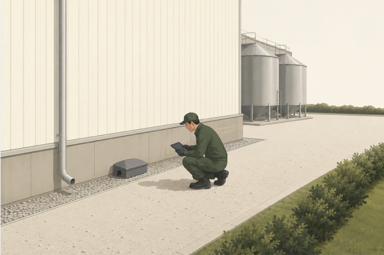 Technicien Agrosanit inspectant un poste d'appâtage sécurisé au pied d'un bâtiment agroalimentaire, silos en arrière-plan