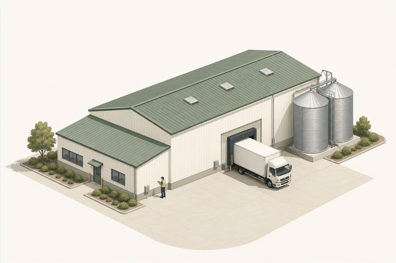 Illustration d'un site agroalimentaire avec silos, camion de livraison et technicien en inspection sur le terrain
