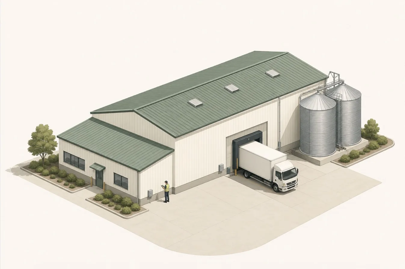 Illustration d'un site agroalimentaire avec silos, camion de livraison et technicien en inspection sur le terrain